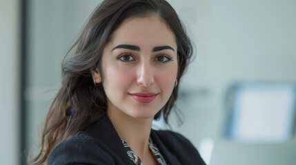 Obraz premium A woman with dark hair and makeup wearing a black blazer smiling at the camera.