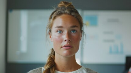 A close-up of a young woman with a side parting blue eyes and freckles wearing a white top and a braid hairstyle set against a blurred background with a whiteboard.
