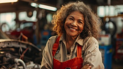 Smiling woman with curly gray hair wearing orange overalls standing in a garage with a car engine in the background.