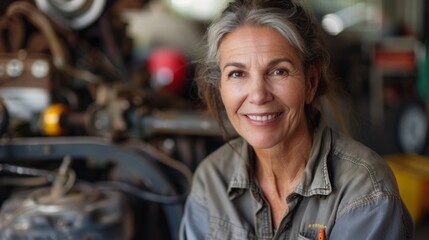 Woman with gray hair smiling wearing a work shirt standing in a workshop with various tools and equipment in the background.