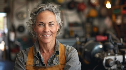 Smiling woman with gray hair wearing an apron standing in a workshop filled with tools and equipment.