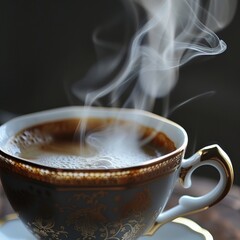 A close-up image of steaming doppio coffee in an elegant cup, super realistic