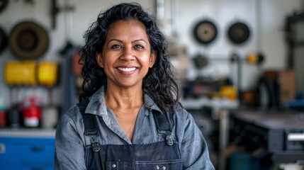 A smiling woman in a workshop wearing a blue denim apron standing in front of a wall with various tools and equipment.