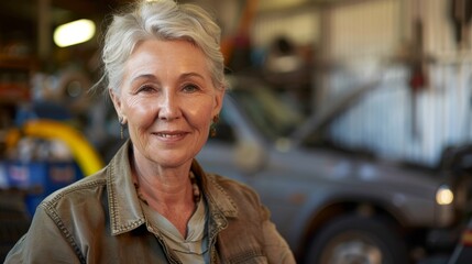 A woman with short gray hair wearing a brown jacket smiling at the camera standing in front of a blurred background with a car and a garage.