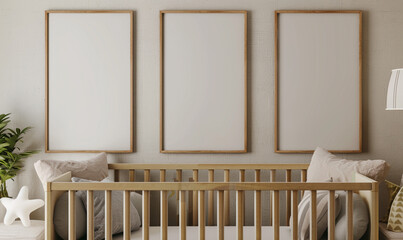 Enhance nursery decor with three picture frames above a baby crib against a soft, neutral-colored wall, adding a touch of warmth and personalization. - Powered by Adobe