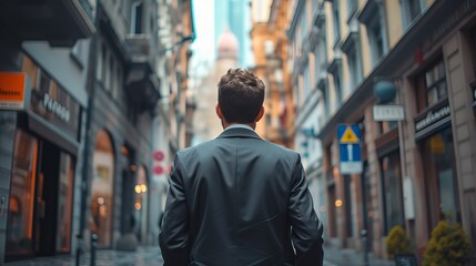 Fototapeta premium Confident Entrepreneur in Suit: Back View of Professional Businessman Embracing Corporate Opportunities and Career Success in Urban City Landscape