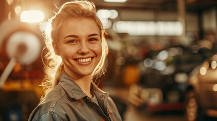 Smiling woman with blonde hair wearing a denim jacket standing in a garage with blurred vehicles and equipment in the background.