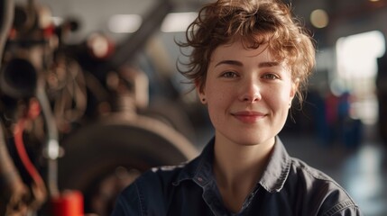 Young woman with curly hair smiling wearing a blue shirt standing in a workshop with mechanical parts in the background.