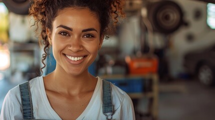 Smiling woman with curly hair wearing denim overalls standing in a garage with blurred background of car parts and tools.