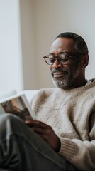 A man with a beard and glasses wearing a white sweater sitting comfortably and reading a book.