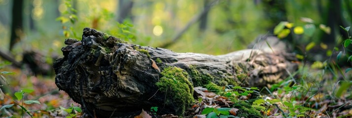 A moss-covered log decays among autumn leaves in a serene forest setting.
