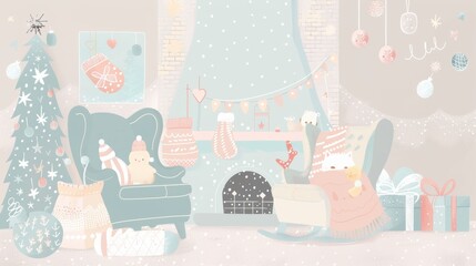 Christmas, Living room with Christmas and New Year decorated interior. cartoon or anime watercolor illustration style looping video background. anime illustrations. Illustrations