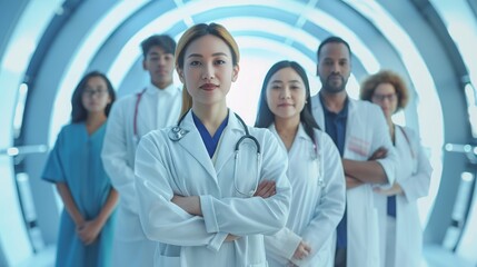 Fototapeta premium Medical professionals collaborate in a hospital corridor, showing teamwork and expertise in modern healthcare. Doctors, nurses, and allied health professionals work together in a clinical setting
