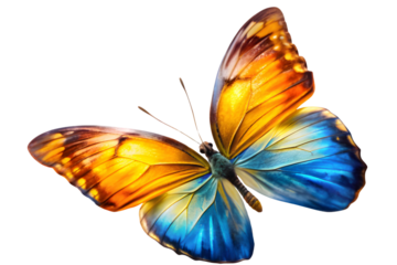 Very beautiful blue yellow orange butterfly in flight isolated on a transparent background. Ai generated