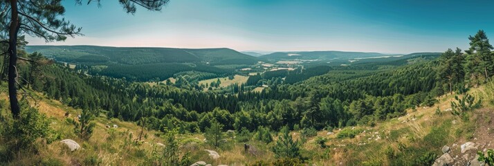 Expansive view of lush rolling hills and dense forests under a clear blue sky.