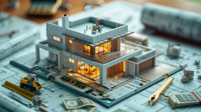 an architect's workspace, with detailed blueprints, a scale model of a modern house, construction tools scattered around, and financial elements like cash and a calculator