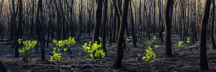 Fresh green sprouts emerge powerfully in a forest devastated by fire.