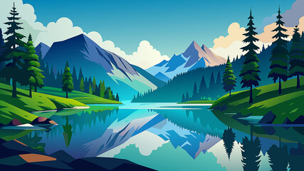 An illustration of panorama wildness with mountain lake