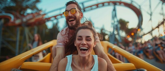 Obraz premium A man and woman are riding a roller coaster and smiling