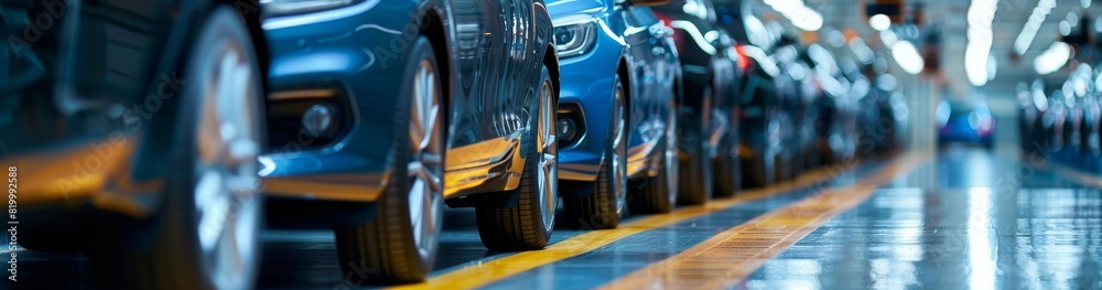 Poster the assembly line process at a modern automotive factory showcases the use of cuttingedge technology