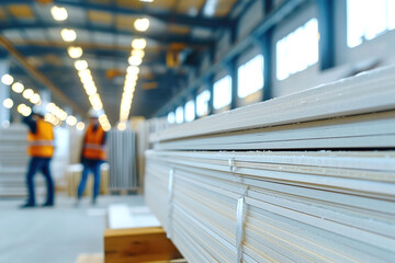 Technicians inspect freshly made drywall boards, building industry materials in factory.