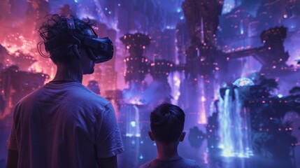 Obraz premium Kids using VR Goggles glasses embark on epic adventures in virtual reality, Bonding over fantastical experiences