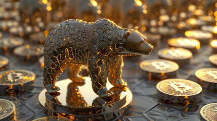 Bear statue illustration made in solid gold, financial market, white background