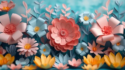 Vibrant paper cut art of a garden filled with colorful flowers and leaves, showcasing detailed craftsmanship and creative design.