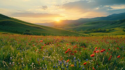 A meadow with a lot of flowers, grass, and plants. The sun is setting in the background.