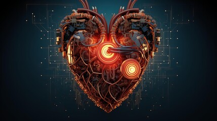 A digital representation of a heart with circuitry