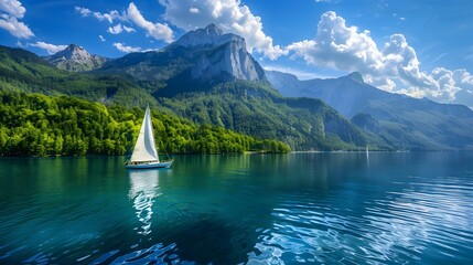 A sailboat gliding across a crystal-clear mountain lake