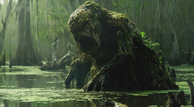 a monster with long arms and large teeth, covered in moss is emerging from the swampy waters of an overgrown forest