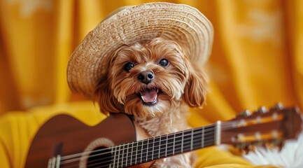 Small Dog Playing Guitar With Straw Hat