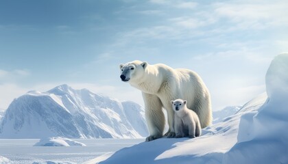 Mother and baby polar bears relax walks in extreme winter weather, polar bears family standing above snow with a view of the frost mountains