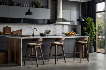 Modern Light Grey And Dark Grey Island Kitchen Design With Wooden Chairs-enhance