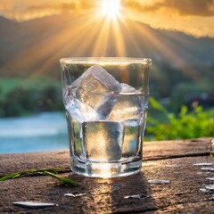 glass of water on the table sun view background 