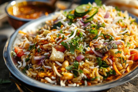 Spicy Indian Bhel Puri with puffed rice, vegetables, and tangy tamarind sauce --ar 3:2 --style raw Job ID: 9ff05723-8d8f-4148-bdb9-9fc1c101a787