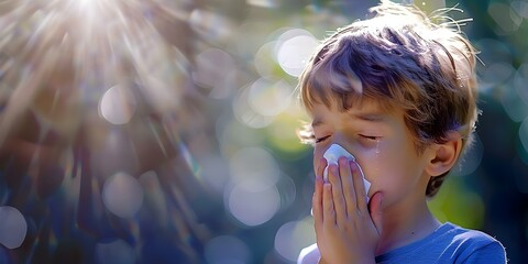 Boy with seasonal allergies sneezes and has watery eyes sneezes into napkin. Concept Allergies, Seasonal, Sneezing, Watery Eyes, Napkin