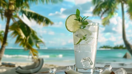 Chilled glass of coconut water beachside relaxation