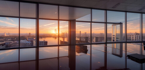 A modern office window reflecting a stunning sunset over water, blending architecture with natural beauty