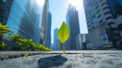Green sprout in concrete sidewalk innovative business resilience