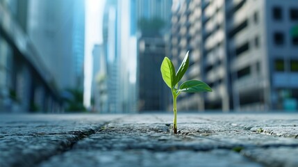 Green sprout in concrete sidewalk innovative business resilience