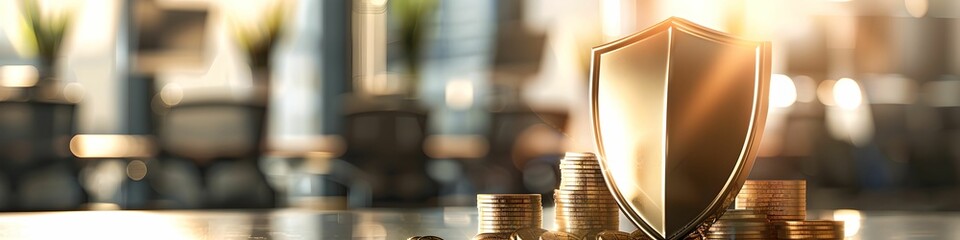 Sleek shield with coins insurance financial security