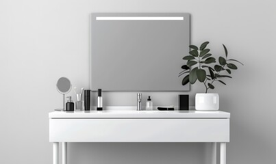 A dressing table with a mirror, a plant, and some beauty products on it