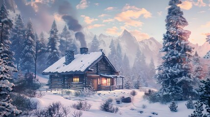 Rustic wooden cabin snowy forest cozy winter scene