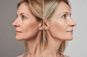 a middle-aged woman before and after rhinoplasty without nose hairs with smooth skin, side profile view of the face showing that she has had balloon sculpting on her chin