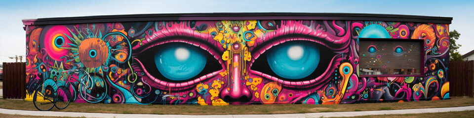 Discover the hidden meanings and bold statements within a psychedelic street art mural.