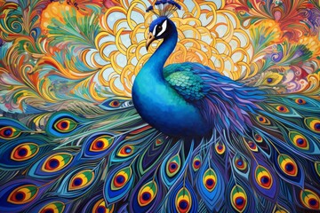 Vibrant artistic painting of a peacock with colorful feathers and intricate background patterns, displaying elegance and beauty.