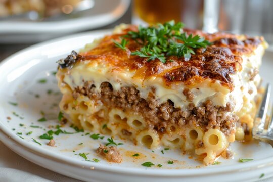 Baked pastitsio with layers of pasta, ground meat, and creamy bechamel sauce, garnished with parsley 