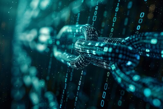 Close-up image of a PC monitor showing intricate blockchain encryption protocols, with code snippets clearly visible
